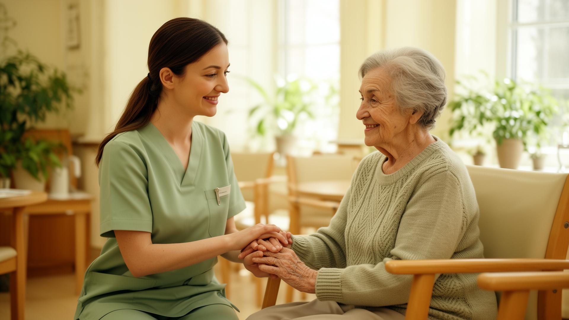 Caregiver supporting an elderly resident in a care home