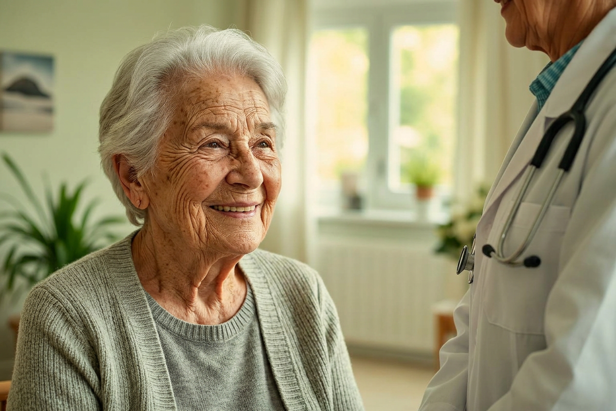 A doctor smiling warmly with an elderly patient
