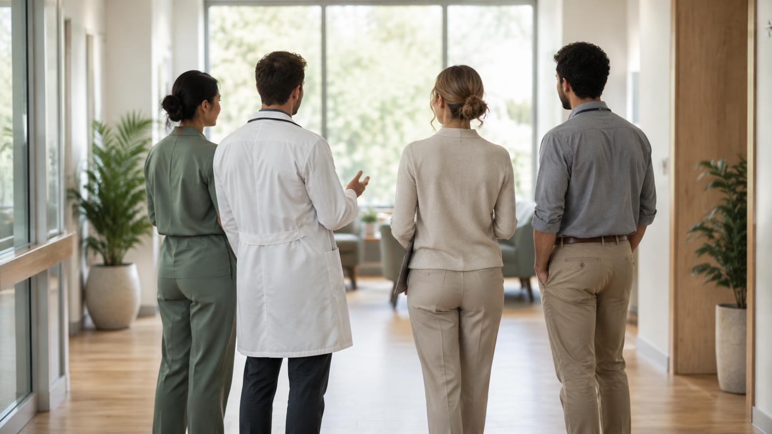 Healthcare professionals in discussion, seen from behind